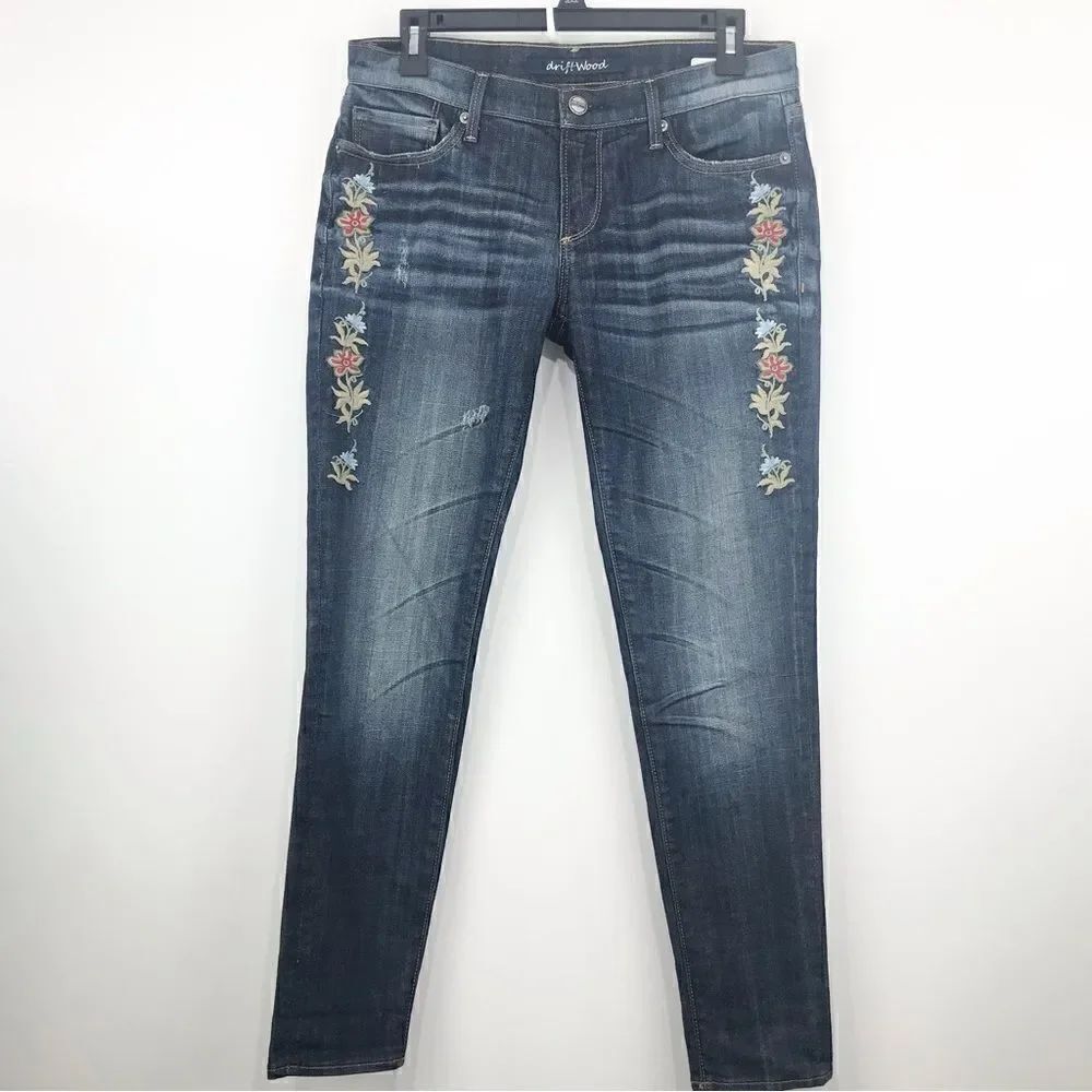 Anthropologie Driftwood Embroidered Floral Denim Skinny ankle Jeans